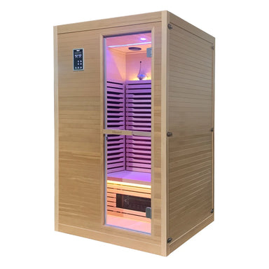 Blisspod Helsinki Infrared Sauna photographed at an angle with the door open and interior lighting on