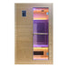 Front elevation of the Blisspod Helsinki Sauna showing the glass door and outer soft touch control panel