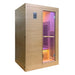 Angled studio view of the Blisspod Helsinki 2 Person Sauna cabin with lit interior behind the glass door