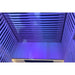 Ceiling and rear slats glowing purple from the LED strips of the Blisspod Helsinki Sauna Pod cabin