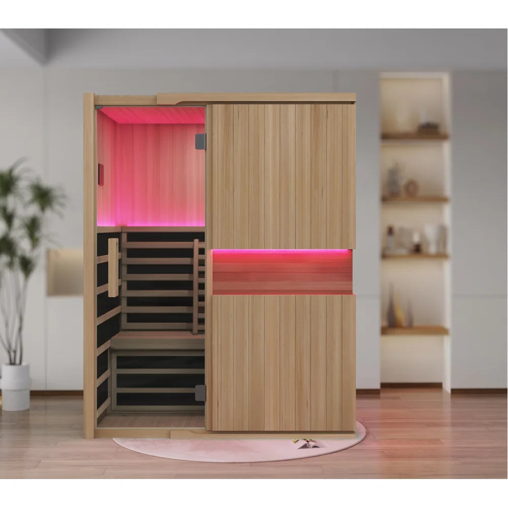 Blisspod Milano Far Infrared Sauna set up in a bright modern room with plant, shelving niche and rug
