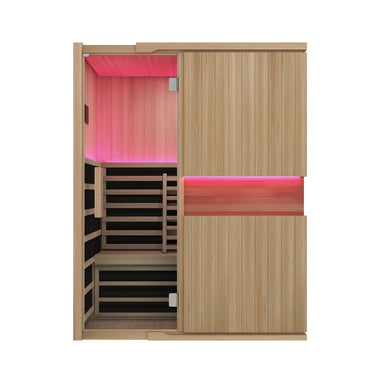 Front view of the Blisspod Milano 3 Person Sauna with glass door, carbon heater panels and pink interior lighting