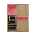 Front view of the Blisspod Milano 3 Person Sauna with glass door, carbon heater panels and pink interior lighting