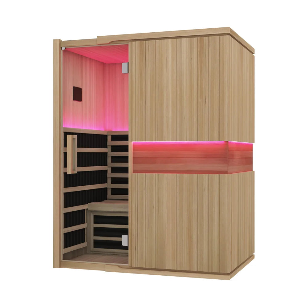 Side-angled look at the Blisspod Milano Canadian Hemlock Sauna with interior control panel and heater panels