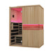 Side-angled look at the Blisspod Milano Canadian Hemlock Sauna with interior control panel and heater panels