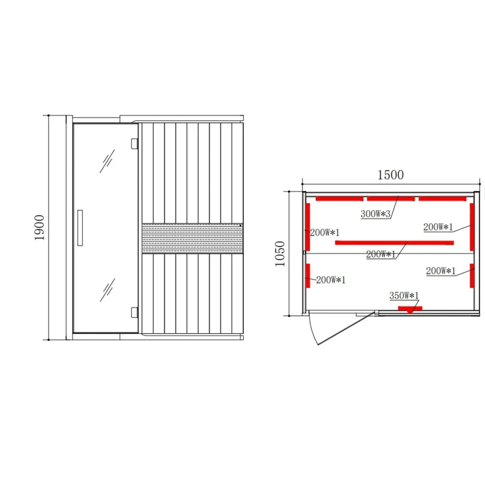 Dimension and heater wattage drawing for the Blisspod Milano Canadian Hemlock Sauna showing 1900 x 1500 x 1050 mm