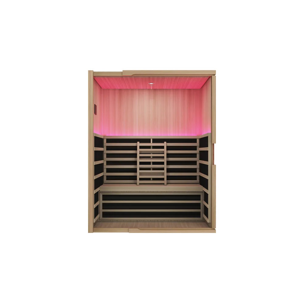 Interior of the Blisspod Milano 3 Person Sauna with full-width bench, twin backrests and wall heater panels
