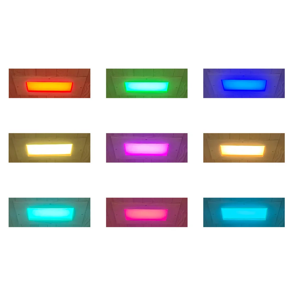 Nine selectable ceiling light colors of the Blisspod Milano Sauna shown in a grid of close-up LED panel photos