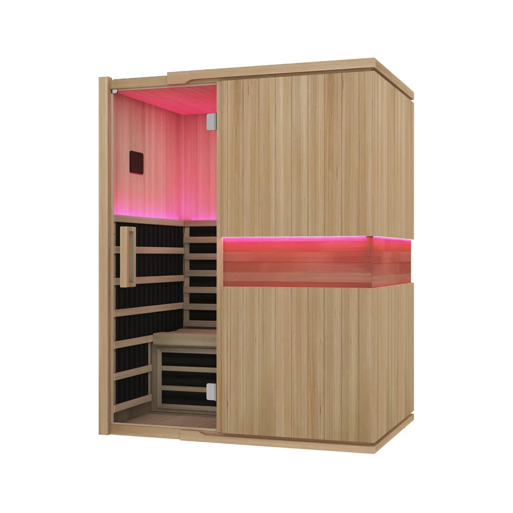 Angled render of the Blisspod Milano Infrared Sauna cabin in Canadian Hemlock with side carbon heater stack