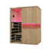 Angled render of the Blisspod Milano Infrared Sauna cabin in Canadian Hemlock with side carbon heater stack
