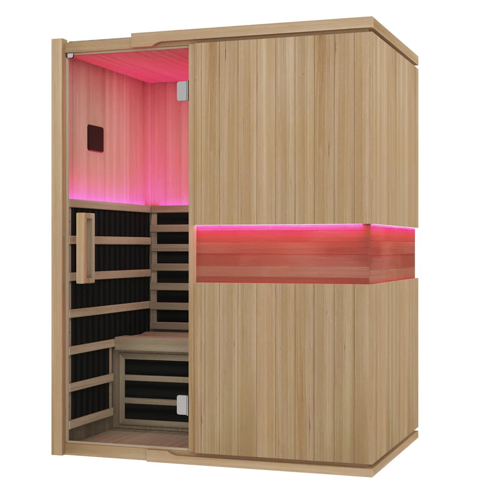 Wide angled view of the Blisspod Milano 3 Person Sauna showing cabin corner trim and glowing bench rail
