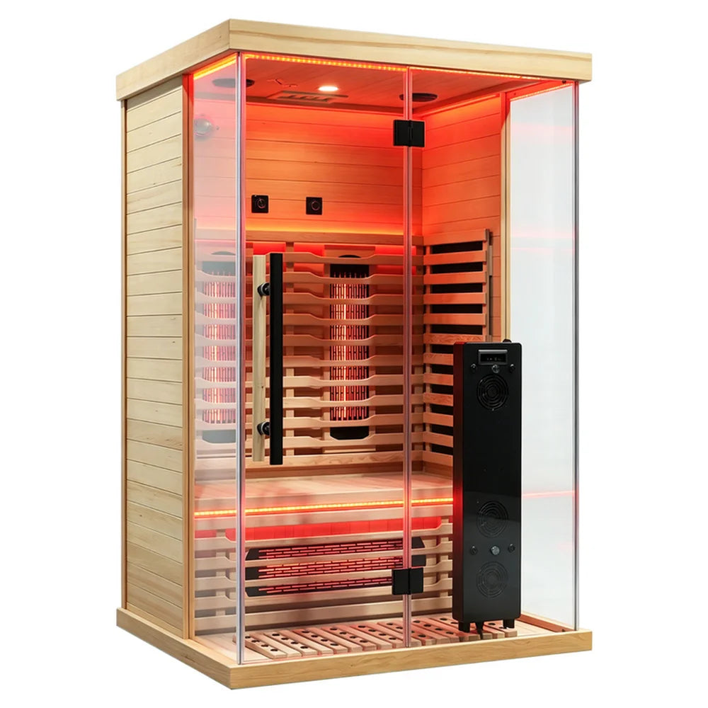Angled studio shot of the Blisspod Vantaa RED Home Sauna cabinet with glass door, bench and lit heaters