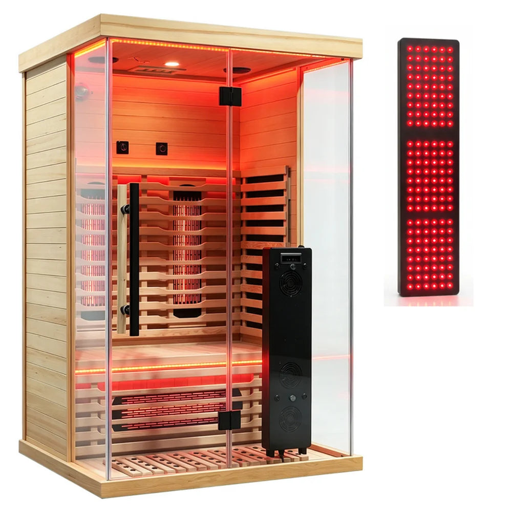 Blisspod Vantaa RED Infrared Sauna shown beside the glowing red LED therapy panel included with the cabin