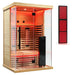 Blisspod Vantaa RED Infrared Sauna shown beside the glowing red LED therapy panel included with the cabin