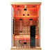 Front studio view of the Blisspod Vantaa RED Home Sauna with warm interior glow behind closed glass doors