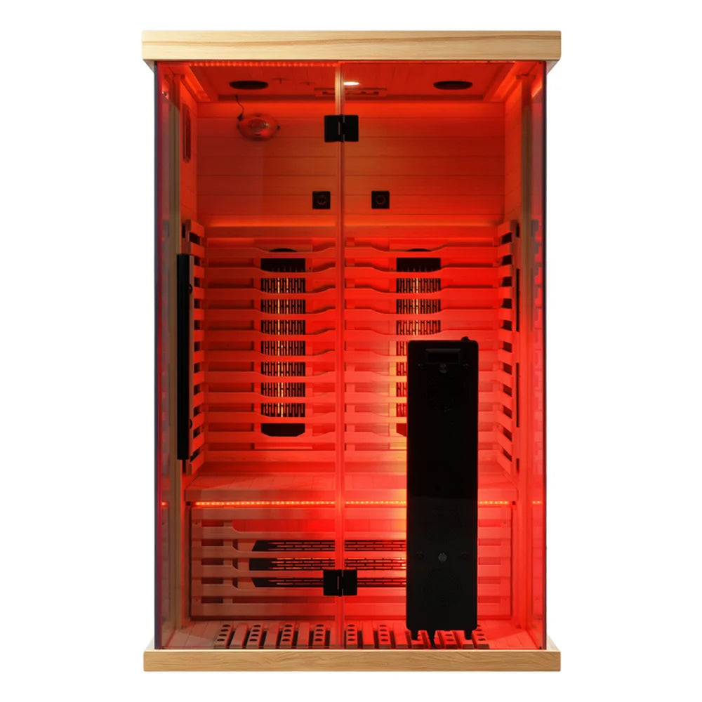 Front studio view of the Blisspod Vantaa RED Deluxe Sauna glowing in deep red chromotherapy light