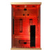 Front studio view of the Blisspod Vantaa RED Deluxe Sauna glowing in deep red chromotherapy light