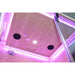 Magenta chromotherapy glow across the ceiling of the Blisspod Vantaa RED Full Spectrum Sauna with speakers