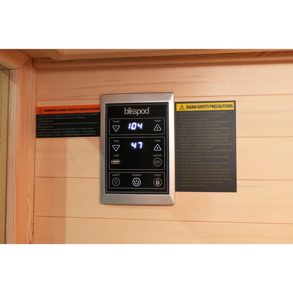 Soft-touch digital control panel with temperature, timer and USB port inside the Blisspod Vantaa RED Sauna