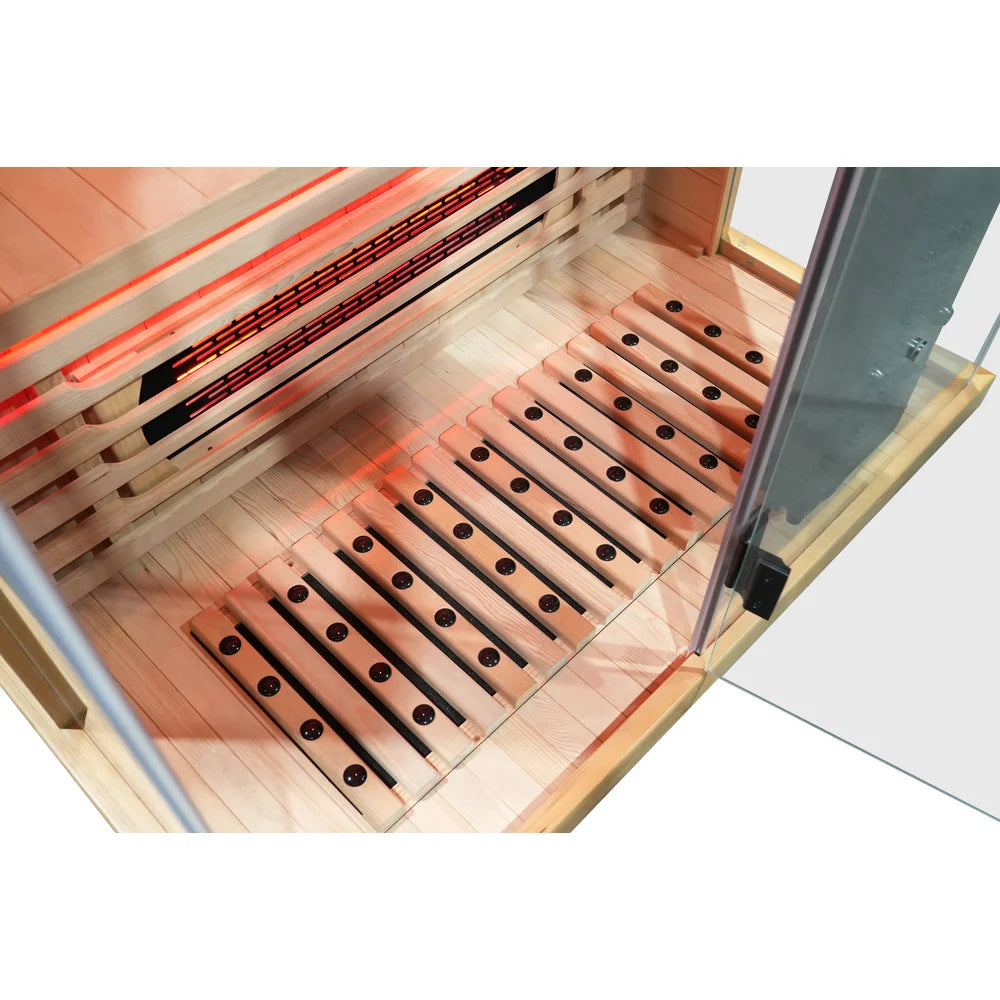 Footrest slats set with oxygen ion stones above the foot heater in the Blisspod Vantaa RED Deluxe Sauna