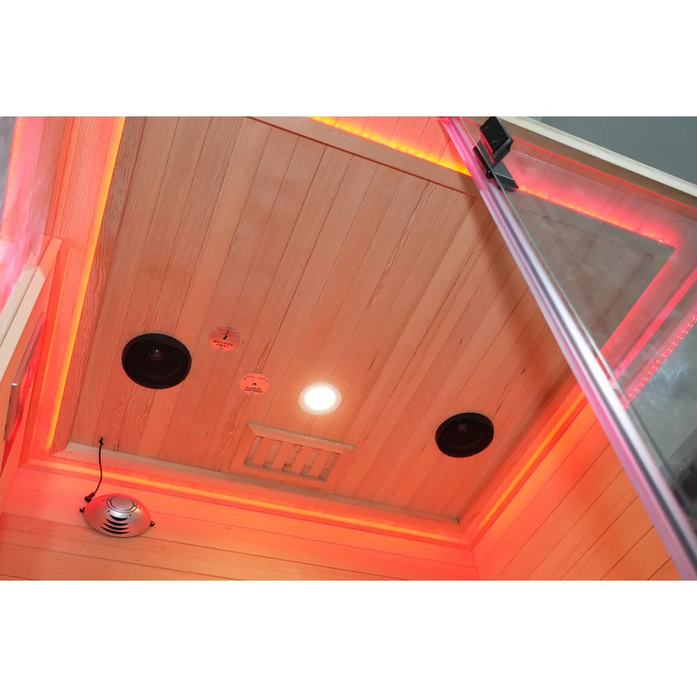 Red-lit ceiling of the Blisspod Vantaa RED 2 Person Sauna with speakers, downlight, vent and ionizer