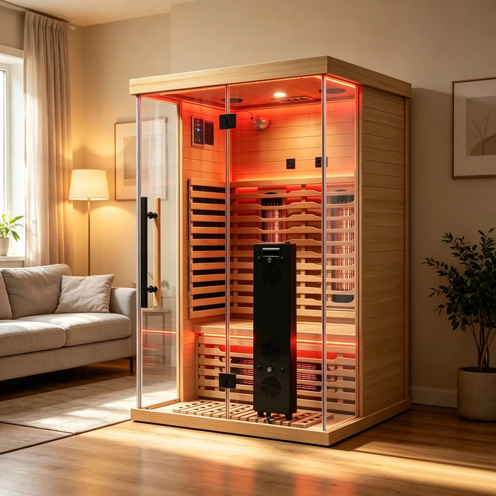 Angled view of the Blisspod Vantaa RED 2 Person Sauna in a furnished living room with lamp and houseplant