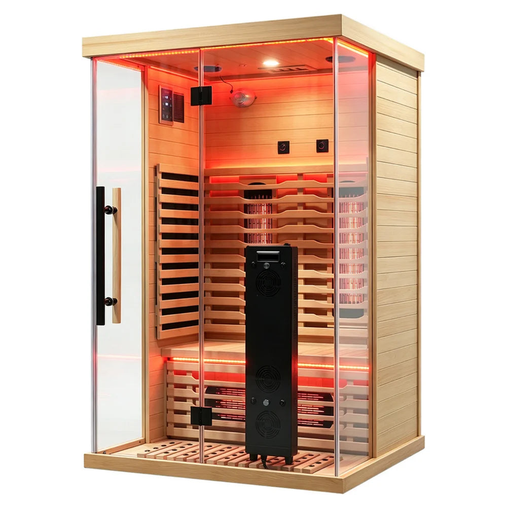 Three-quarter studio angle of the Blisspod Vantaa RED 2 Person Sauna showing handle, bench and glass sides