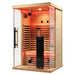 Three-quarter studio angle of the Blisspod Vantaa RED 2 Person Sauna showing handle, bench and glass sides