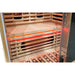 Glowing under-bench full spectrum heater and red accent strip inside the Blisspod Vantaa RED 2 Person Sauna