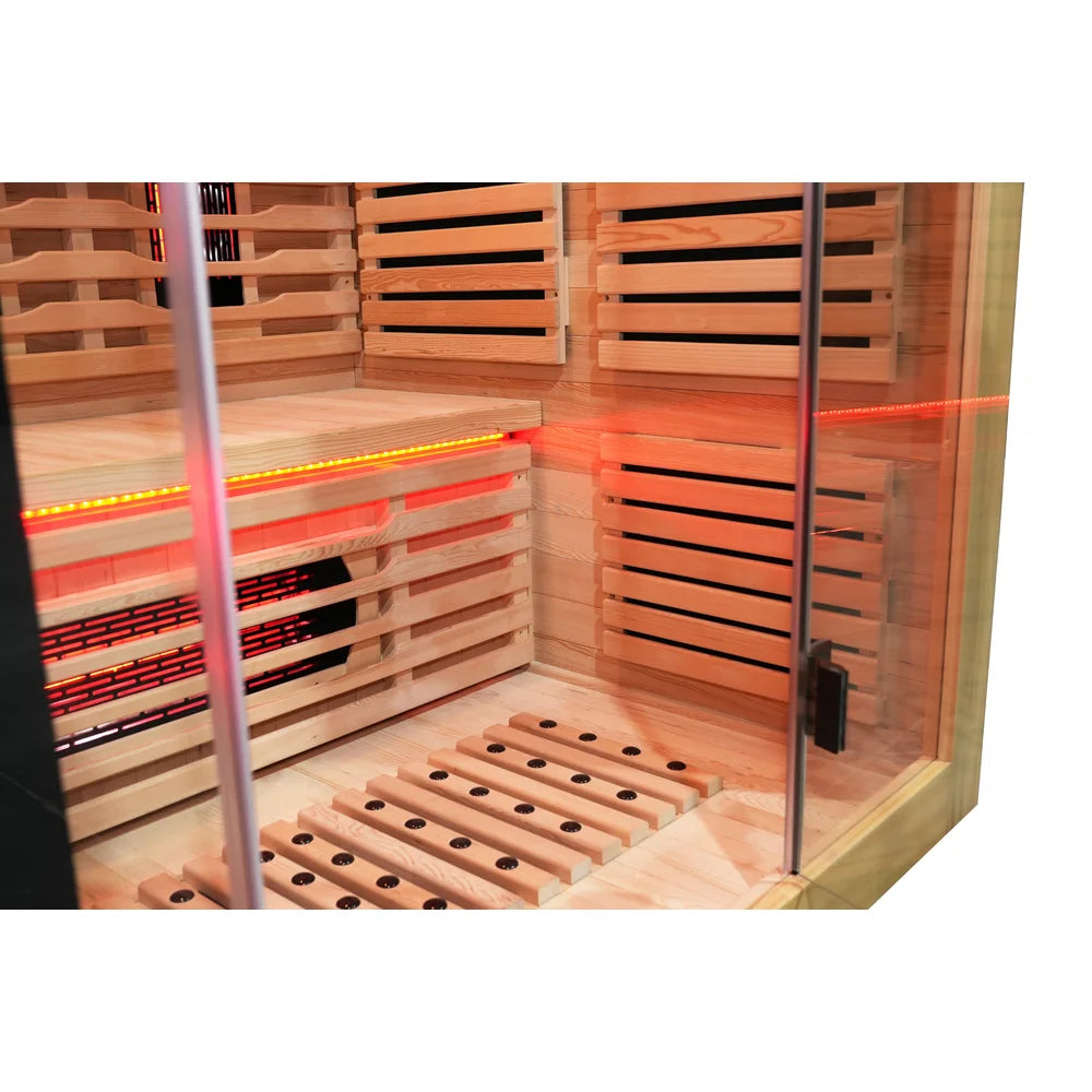 Bench corner of the Blisspod Venetian RED Sauna lit by a red LED strip above the under-seat heater and foot slats