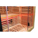 Bench corner of the Blisspod Venetian RED Sauna lit by a red LED strip above the under-seat heater and foot slats