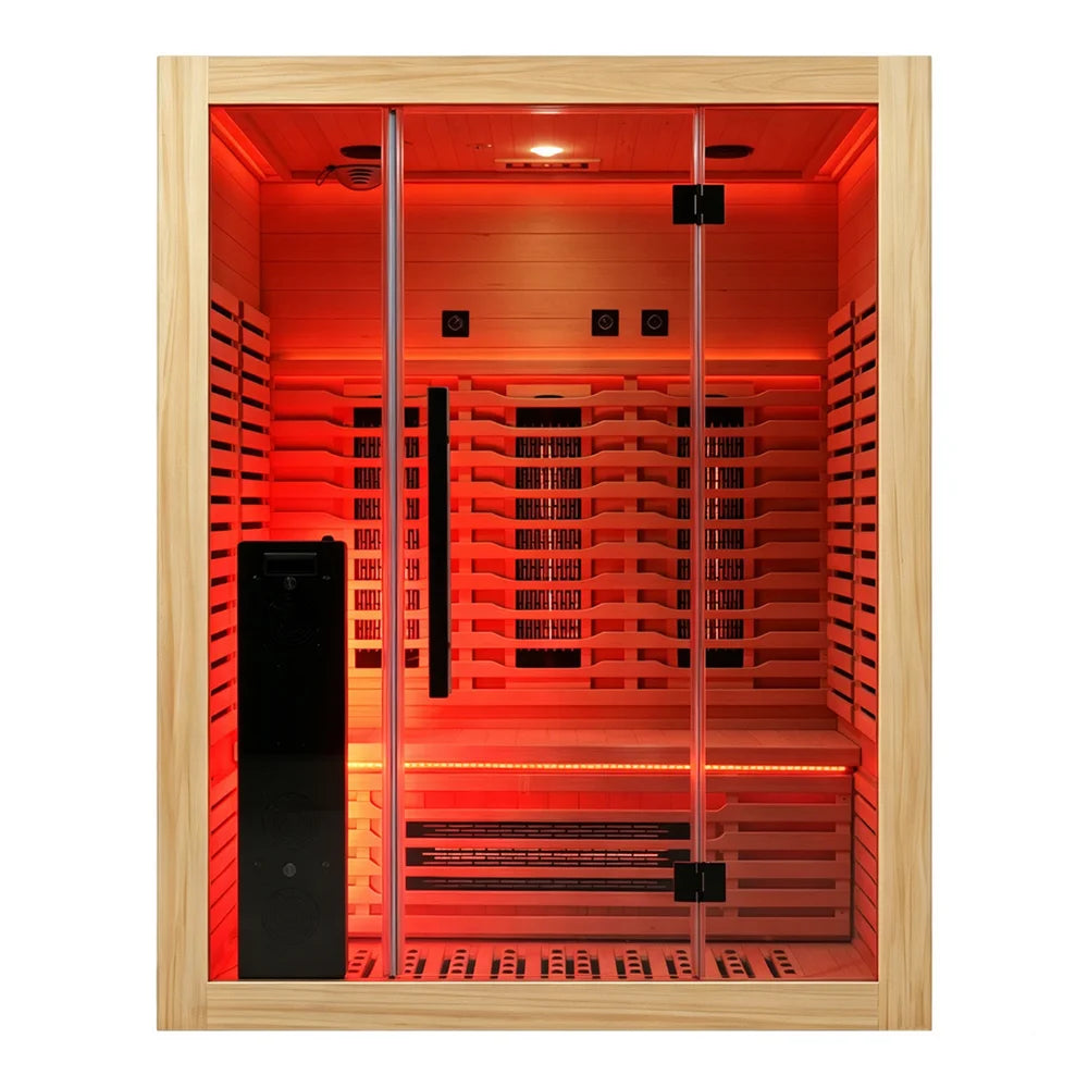 Front view of the Blisspod Venetian RED Deluxe Sauna with the cabin bathed in deep red chromotherapy light