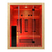 Front view of the Blisspod Venetian RED Deluxe Sauna with the cabin bathed in deep red chromotherapy light