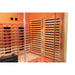Corner of the Blisspod Venetian RED Deluxe Sauna with glowing back heaters, carbon side panels and control dials