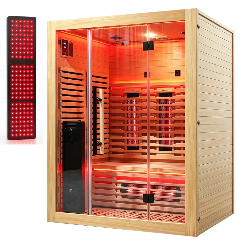 Angled studio shot of the Blisspod Venetian RED 3 Person Sauna beside its lit red light therapy panel