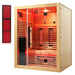 Angled studio shot of the Blisspod Venetian RED 3 Person Sauna beside its lit red light therapy panel