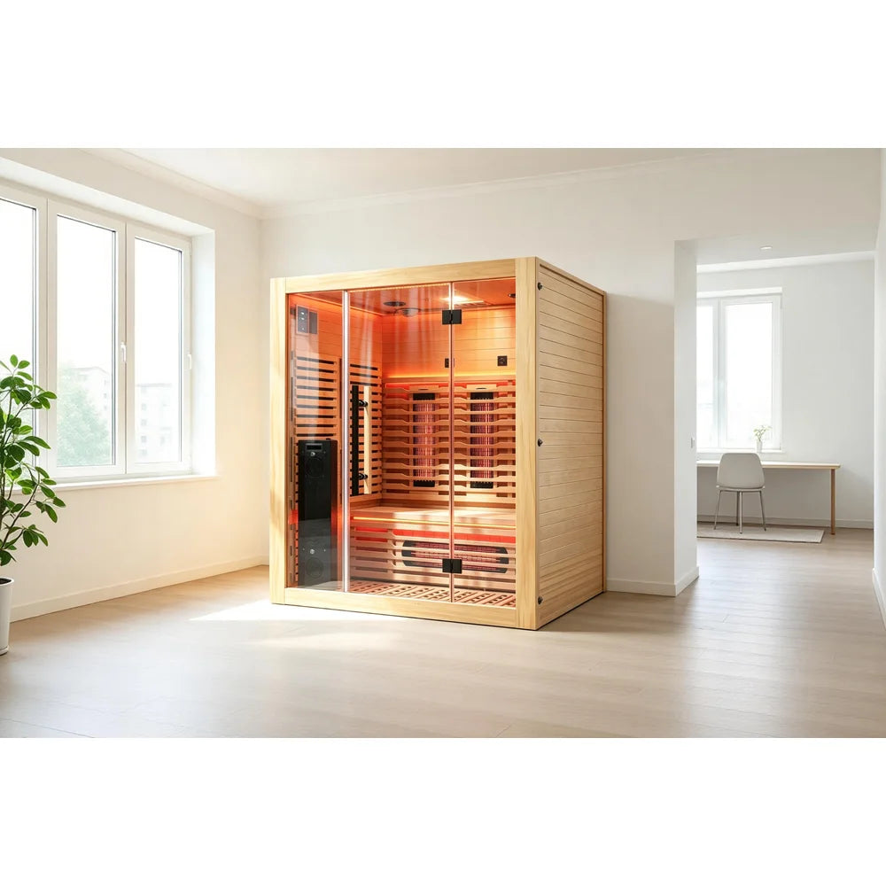 Blisspod Venetian RED Infrared Sauna placed in a white apartment room with windows and a potted plant nearby