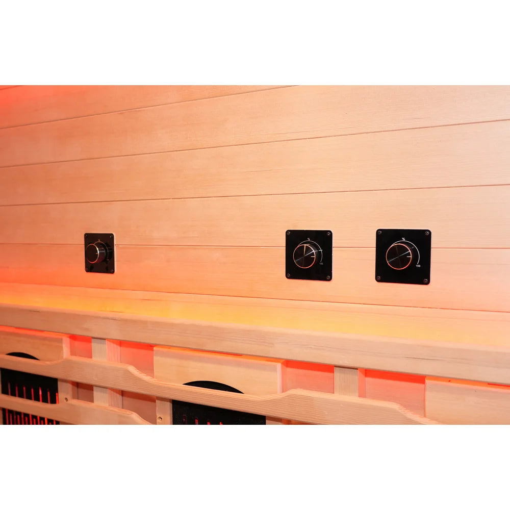 Three wall-mounted dials for adjusting each back heater's intensity in the Blisspod Venetian RED Red Light Therapy Sauna