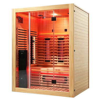 Three-quarter studio angle of the Blisspod Venetian RED Sauna showing the hemlock side wall and glowing glass front