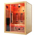Three-quarter studio angle of the Blisspod Venetian RED Sauna showing the hemlock side wall and glowing glass front