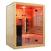 Opposite side angle of the Blisspod Venetian RED Deluxe Sauna showing hinged glass door and bolted hemlock panel