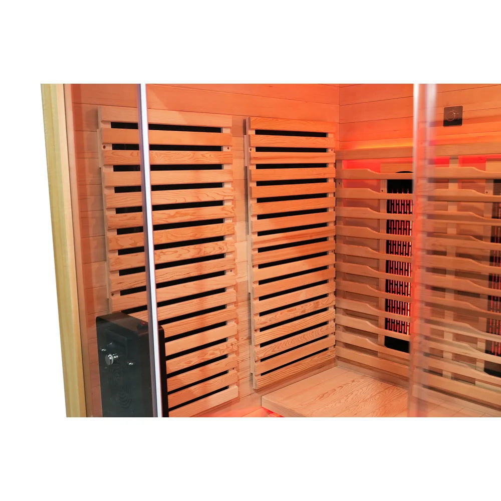 Extra large carbon panel heaters behind slatted wood on the side wall of the Blisspod Venetian RED Full Spectrum Sauna