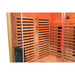 Extra large carbon panel heaters behind slatted wood on the side wall of the Blisspod Venetian RED Full Spectrum Sauna