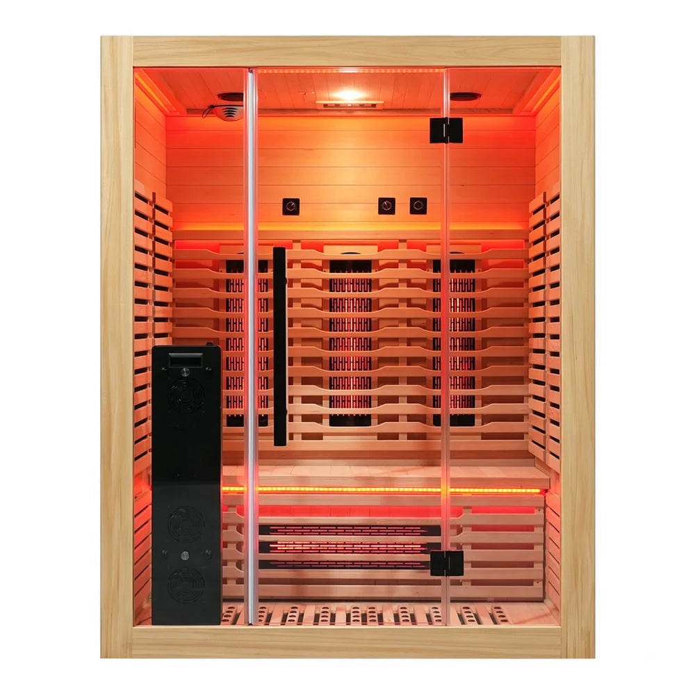 Straight-on front view of the Blisspod Venetian RED Infrared Sauna with lit interior behind the full glass door