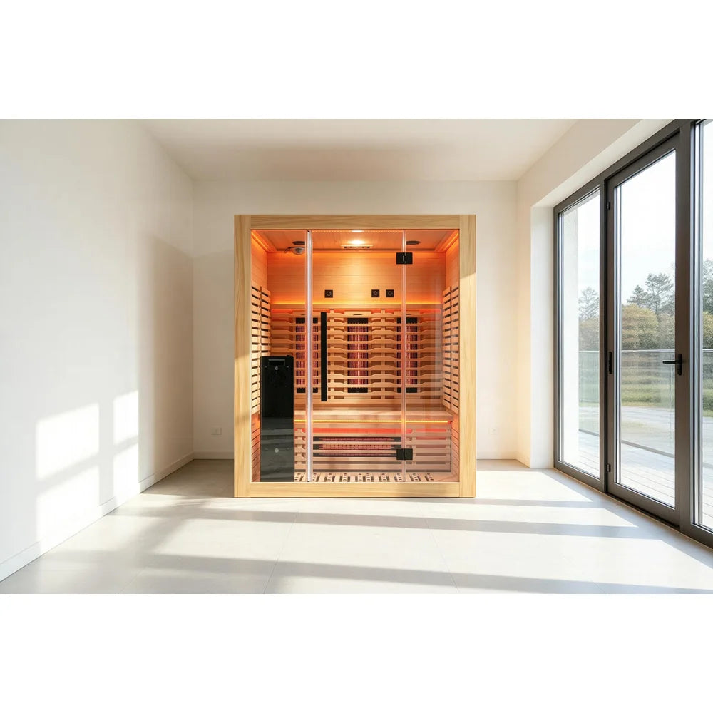 Blisspod Venetian RED Deluxe Sauna set up in a sunlit room beside floor-to-ceiling patio doors