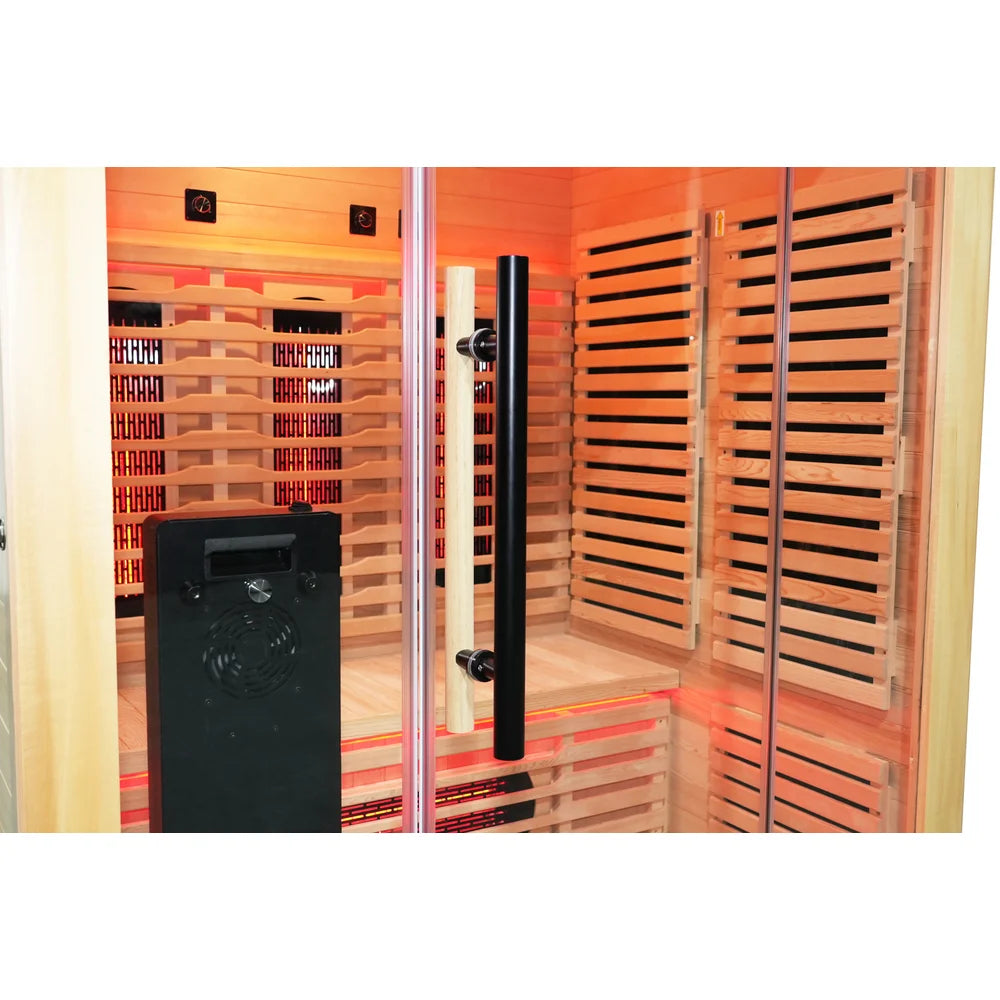 Glowing back heaters, black control column and slatted side panels seen inside the Blisspod Venetian RED Infrared Sauna