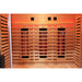 Three glowing back heaters with individual intensity knobs above them in the Blisspod Venetian RED Deluxe Sauna