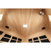 Hemlock ceiling of the Blisspod Vienna Sauna with recessed LED light, ionizer unit, speakers and towel hooks