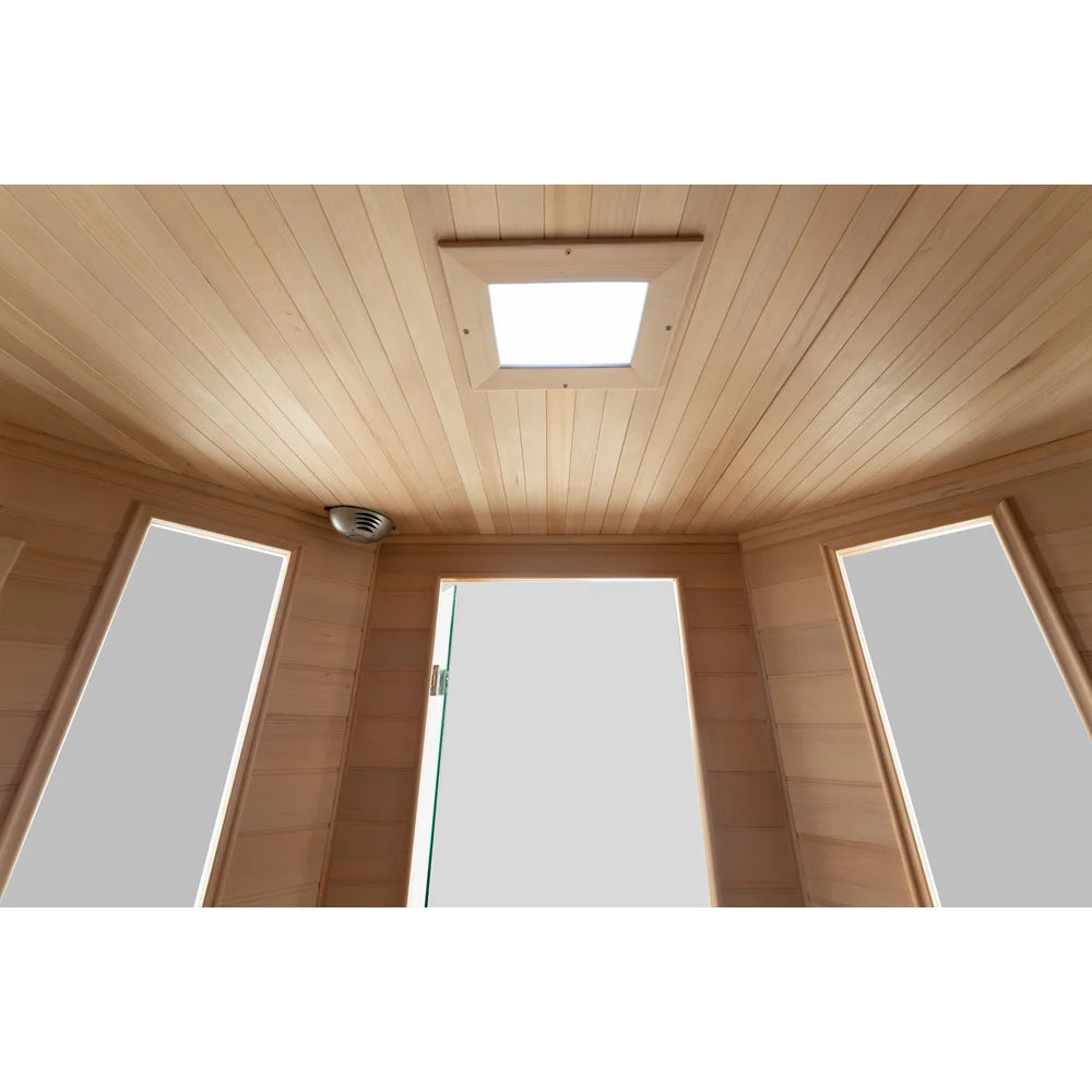 Interior front view of the Blisspod Vienna Far Infrared Sauna with ceiling LED, glass door and slim side windows