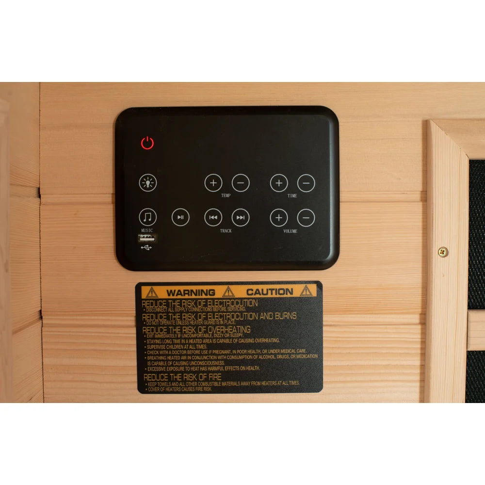 Touch control panel on the Blisspod Vienna with temperature, timer, music and volume keys above the safety label
